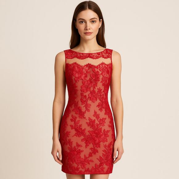 Marchesa Notte Red Lace Illusion Sheath Dress – Size 8 - Picture 1 of 6